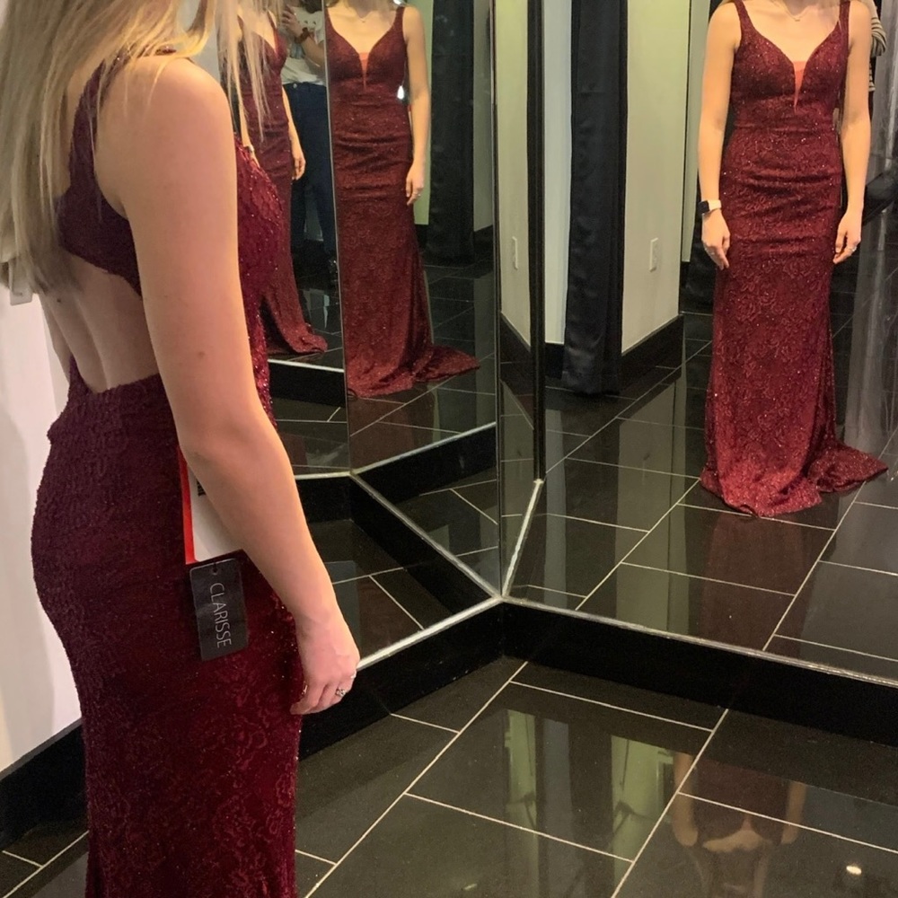 Clarisse Burgundy Sequined Prom Dress